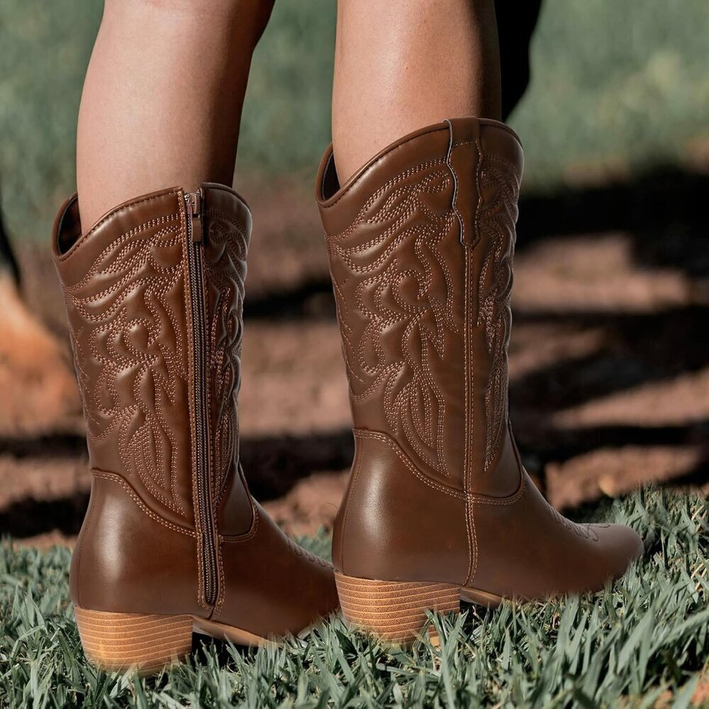Dodow Women's Brown Pointed Toe Zipper Western Cowgirl Pu Mid Calf Boots - Picture 5 of 6